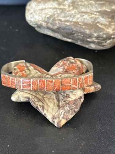 Authentic Native American Navajo Sterling Silver Bracelet | Red Spiny Oyster Inlay | Old Pawn | 14532
