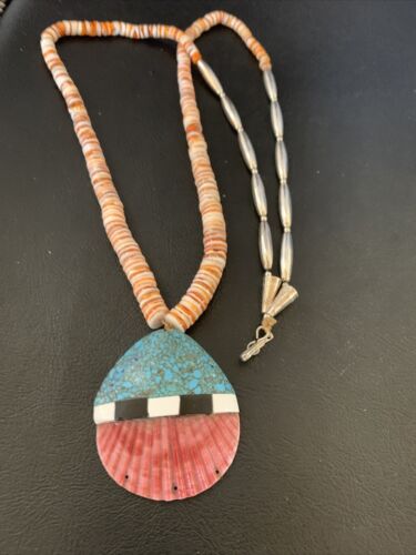 Authentic Native American Santo Domingo Shell Pendant Necklace | Spiny Oyster & Blue Turquoise | 26" | 12519