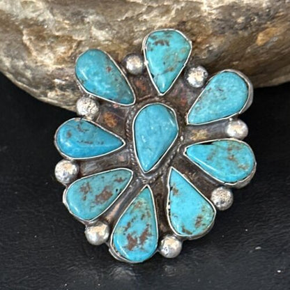 Navajo Blue Turquoise Cluster Ring | Authentic Native American Sterling Silver | Multi-Stone | Sz 7.5 | 14746