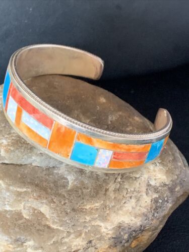 Zuni Orange Spiny Oyster Opal Inlay Cuff Bracelet | Sterling Silver | Authentic Native American Handmade | 14159