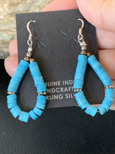 Navajo Turquoise Heishi Sterling Silver Pearls Beads Earrings | 1.5" | Authentic Native American Handmade | 13044