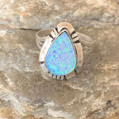 Native American Handmade USA Navajo BLUE Opal Inlay Band Ring Sz 6.5 12420