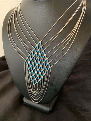 Navajo Blue Turquoise Liquid Heishi Necklace | 7 Strand Sterling Tubes | 18" | Authentic Native American | 12626