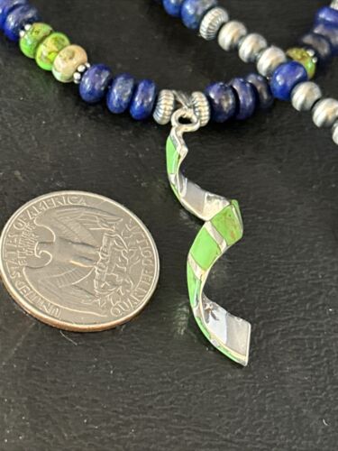 Navajo Green Turquoise Lapis Pendant Inlay Necklace | Sterling Silver | Authentic Native American Handmade | 14635