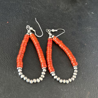 Southwestern Red Coral Dangle Earrings | Sterling Silver Heishi Bead | 2" | 14426