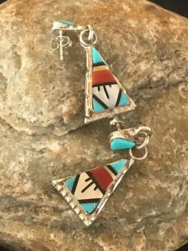 Navajo Sterling Silver Inlay Earrings | Coral Turquoise Onyx Mother of Pearl | Southwestern