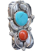 Navajo Royston Turquoise & Coral Ring | Authentic Native American Sterling Silver | Multi-Stone | Sz 8 | 01810