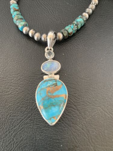 Navajo Pearls Necklace with Blue Mojave Turquoise Moon Pendant | Authentic Native American Sterling Silver | Multi-Stone | 11912