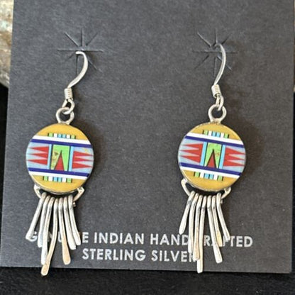 Navajo Multi-Color Turquoise Inlay Earrings | Sterling Silver | Authentic Native American Handmade | 14654