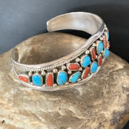 Navajo Kingman Turquoise Coral Cuff Bracelet | Sterling Silver | Authentic Native American Handmade | 14219