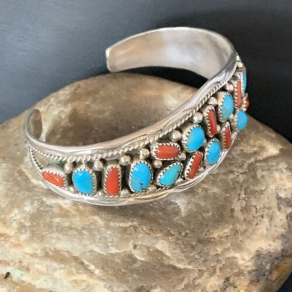Navajo Kingman Turquoise Coral Cuff Bracelet | Sterling Silver | Authentic Native American Handmade | 14221