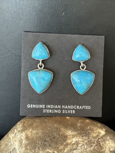 Navajo Blue Turquoise Dangle Earrings | Sterling Silver | 1" | Authentic Native American Handmade | 14771