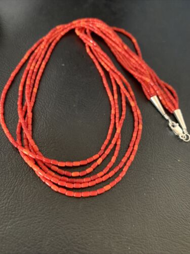 Natural Red Coral Rice Heishi Beads Necklace | 5 Strand | Sterling Silver | 20" | 12927