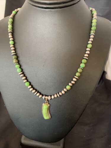 Navajo Green Gaspeite Turquoise Pendant | Sterling Silver Inlay | Authentic Native American Handmade | 12342