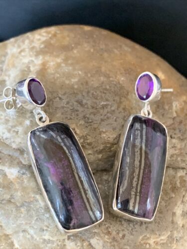 Navajo Purple Sugilite Amethyst Dangle Post Earrings | Sterling Silver | Authentic Native American Handmade | 1566
