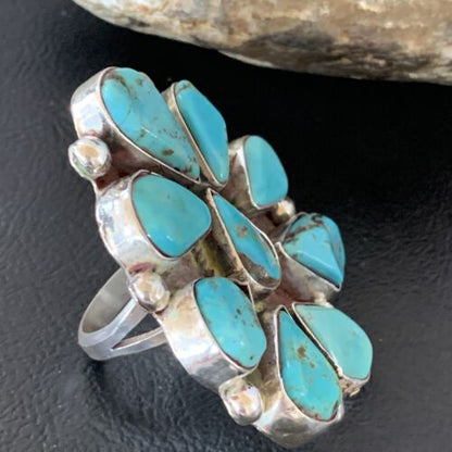 Navajo Blue Turquoise Multi-Stone Cluster Ring | Authentic Native American Sterling Silver | Sz 10 | 02191
