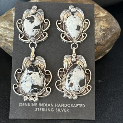 Navajo White Buffalo Turquoise Dangle Earrings | Sterling Silver | 2.5" | Authentic Native American Handmade | 14738
