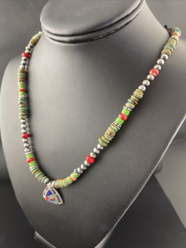 Navajo Turquoise & Spiny Oyster Inlay Pendant Necklace | Sterling Silver | Authentic Native American Handmade | 01622