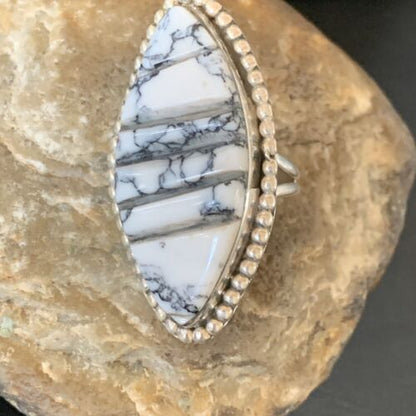 Navajo White Buffalo Turquoise Inlay Ring | Sterling Silver | Sz 7 | Authentic Native American Handmade | 12176