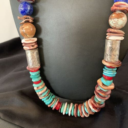 Navajo Turquoise Spiny Oyster Coral Lapis Necklace | Sterling Silver | 24" | Authentic Native American Handmade | 11870