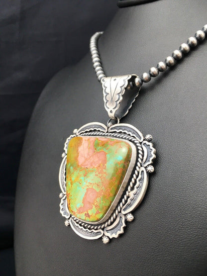 Royston Turquoise Pendant | Navajo Pearls Sterling Silver Necklace | Authentic Native American Handmade | 4276
