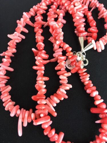 Navajo Native American Coral 2-Strand Bamboo Necklace | Sterling Silver | Southwestern 3253 - Masha USA
