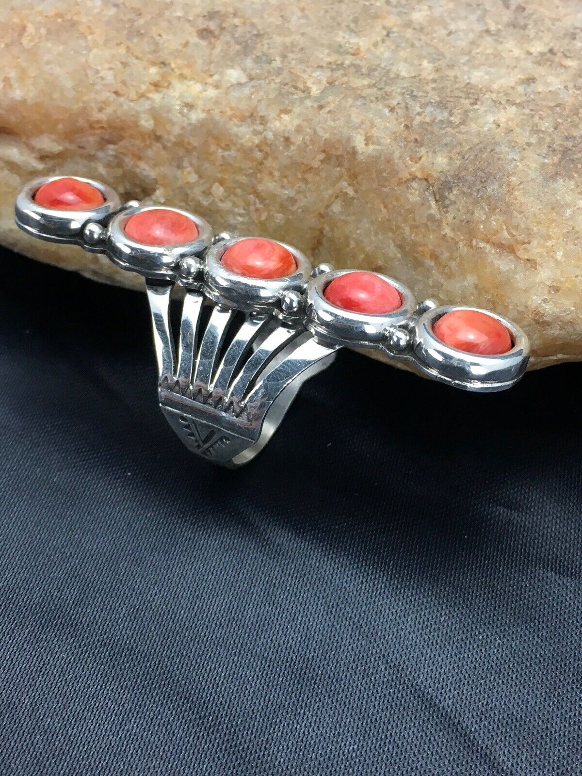 Navajo Red Spiny Oyster Cluster Ring | Authentic Native American Sterling Silver | Multi-Stone | Sz 8.75 | 2586