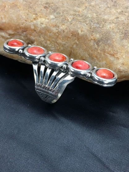 Navajo Red Spiny Oyster Cluster Ring | Authentic Native American Sterling Silver | Multi-Stone | Sz 8.75 | 2586