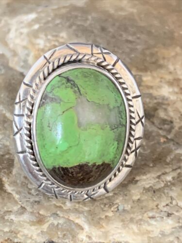 Native American Green Gaspeite Ring | Navajo Sterling Silver | Sz 8.5 | 13779