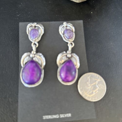 Navajo Purple Sugilite Dangle Earrings | Sterling Silver | 2" | Authentic Native American Handmade | 14403
