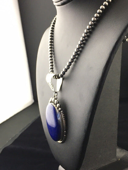 Men's XL Navajo Pearls Necklace Pendant | Sterling Silver Blue Lapis | Authentic Native American Handmade | 10116