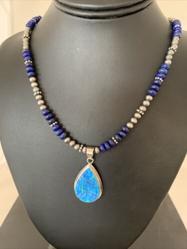 Navajo Pearls Necklace with Lapis, Turquoise, and Blue Opal Pendant | Sterling Silver | 1171