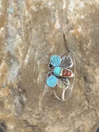 Navajo Blue Turquoise Butterfly Ring | Authentic Native American Sterling Silver | Multi-Stone | Sz 7.5 | 10785