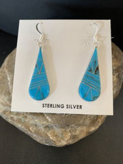 Navajo Sterling Silver Blue Turquoise Inlay Dangle Drop Earrings | 1.5" | Authentic Native American Handmade | 12311