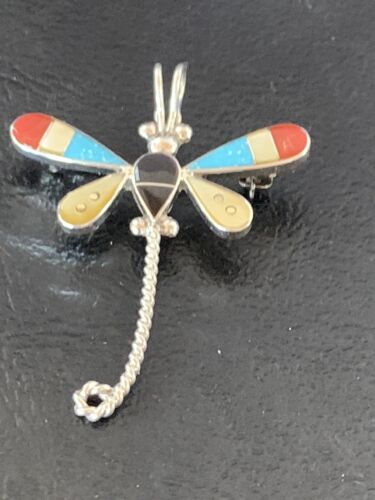 Zuni Turquoise & Yellow Mother of Pearl Inlay Dragonfly Sterling Necklace Pin Pendant | 12320