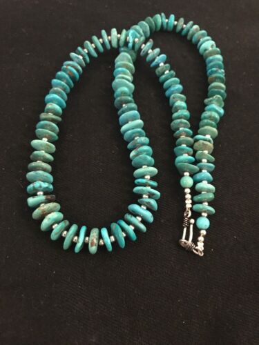 Santo Domingo Kingman Turquoise Necklace | Sterling Silver | 21" | Authentic Native American Handmade | 3996 - Masha USA