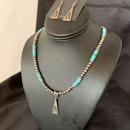 Navajo Blue Turquoise Pendant Earrings Set | Authentic Native American Sterling Silver Necklace | Handmade | 12618 - Masha USA