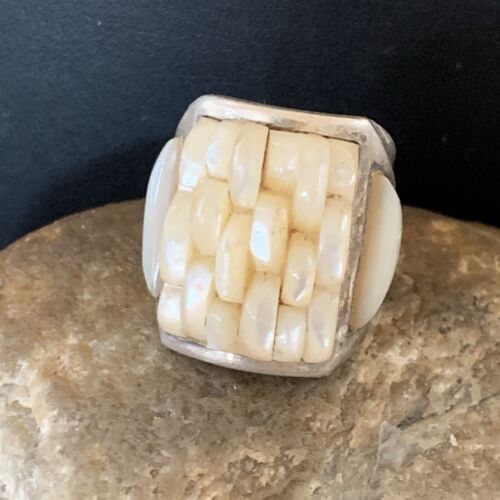 Native American White Mother of Pearl Inlay Ring | Navajo Sterling Silver | Sz 7 | 12863