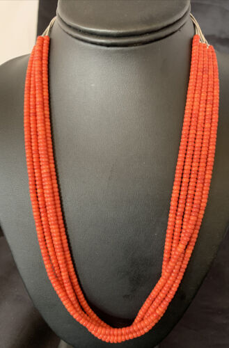 Navajo Red Coral 5-Strand Sterling Silver Turquoise Bead Necklace 22" | Native American Jewelry 12622