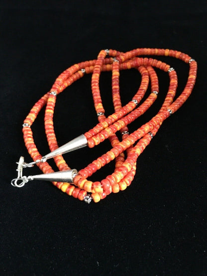 Southwestern Red Orange Spiny Heishi Necklace | Sterling Silver | 20" | 1782