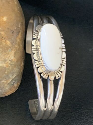 Navajo White Buffalo Turquoise Cuff Bracelet | Sterling Silver | Authentic Native American Handmade | 1422