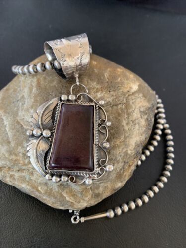Men's Navajo Pearls Necklace with Purple Sugilite Pendant | Sterling Silver | Authentic Native American Handmade | 10656