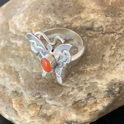Navajo Red Spiny Oyster Butterfly Ring | Sterling Silver | Adj Sz 8 | Authentic Native American Handmade | 10341