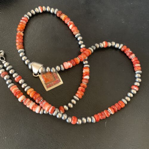 Navajo Red Spiny Oyster Opal Inlay Bead Necklace Pendant | Sterling Silver | Native American Handmade | 12722