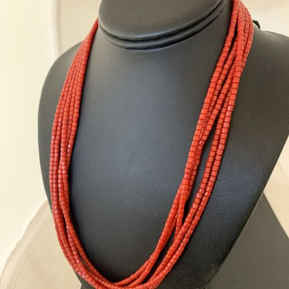Southwestern Navajo 5-Strand Red Coral Bead Necklace | Sterling Silver | Authentic Native American Handmade | 01954