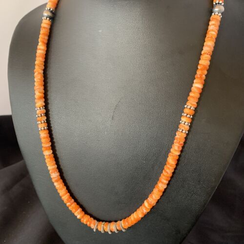 Navajo Pearls Orange Spiny Oyster Necklace | Sterling Silver | 20" | 6mm | Authentic Native American Handmade | 12949 - Masha USA