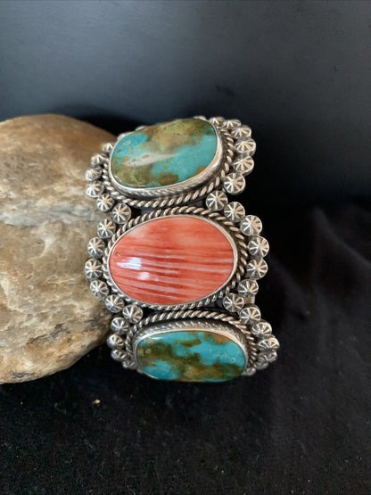 Navajo Royston Turquoise & Spiny Oyster Cuff Bracelet | Sterling Silver | Authentic Native American Handmade | 1105