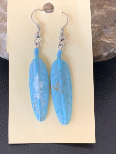 Navajo Turquoise Feather Slab Earrings | Sterling Silver Dangle | Authentic Native American Handmade | 12008