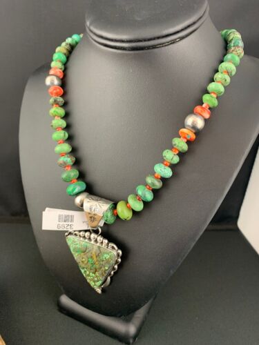 Spiderweb Turquoise Pendant | Spiny Beads | Navajo Sterling Necklace 21" | 4723