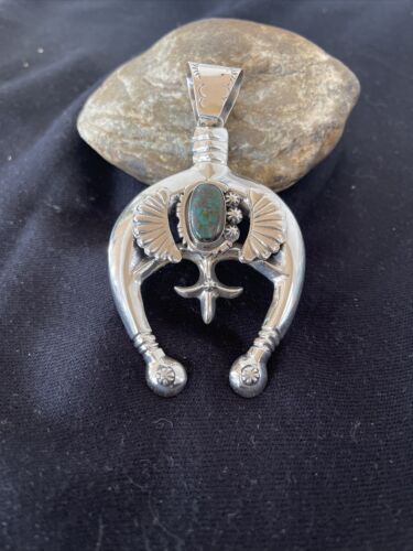 Navajo Pearls Sterling Silver Bisbee Turquoise Naja Pendant Necklace | Authentic Native American Handmade | 01058